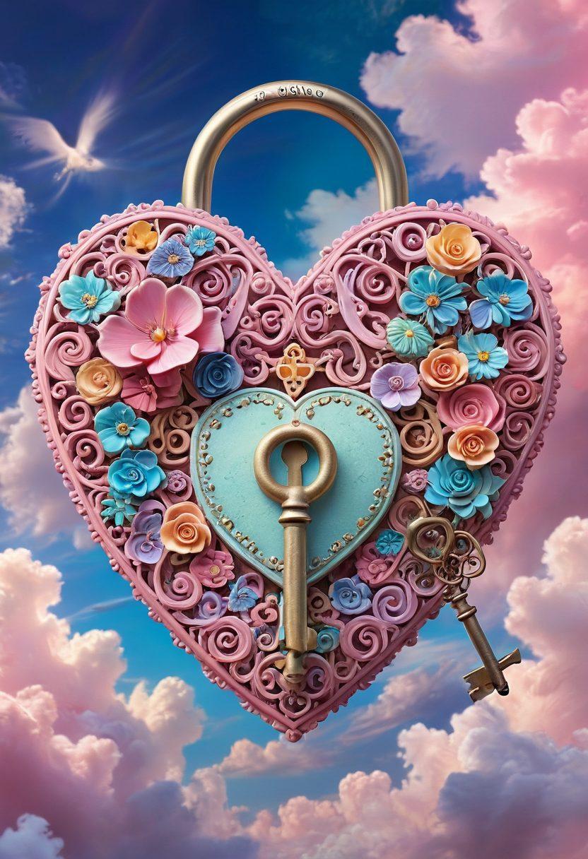 A mystical key unlocking a heart-shaped lock surrounded by swirling clouds of colorful love letters and relationship symbols, with a serene and inviting atmosphere. The background features soft pastel colors with hints of pink and romance. The scene radiates warmth and hope, representing love's secrets being revealed. super-realistic. vibrant colors. soft focus.