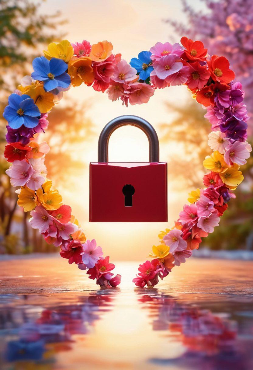 A warm and inviting scene featuring an open heart-shaped lock with colorful keys floating around it, symbolizing the journey of seeking love and building relationships. Soft sunlight illuminates the background, with silhouettes of couples holding hands in the distance, signifying connection and growth. Delicate flowers frame the bottom of the image, embodying the idea of blossoming love. vibrant colors. soft focus.