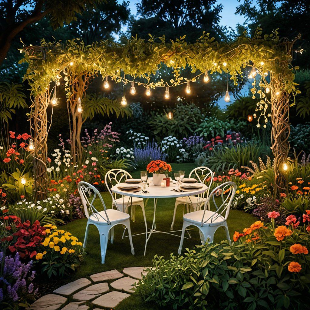 A serene and enchanting scene depicting a diverse group of people engaging in meaningful conversations and activities that symbolize connection, such as sharing stories, creating art together, and laughing. The background features a lush garden filled with vibrant flowers and soft lights to evoke warmth and openness. Surrounded by heart-shaped motifs and intertwining vines to represent love and exploration. super-realistic. vibrant colors. warm lighting.